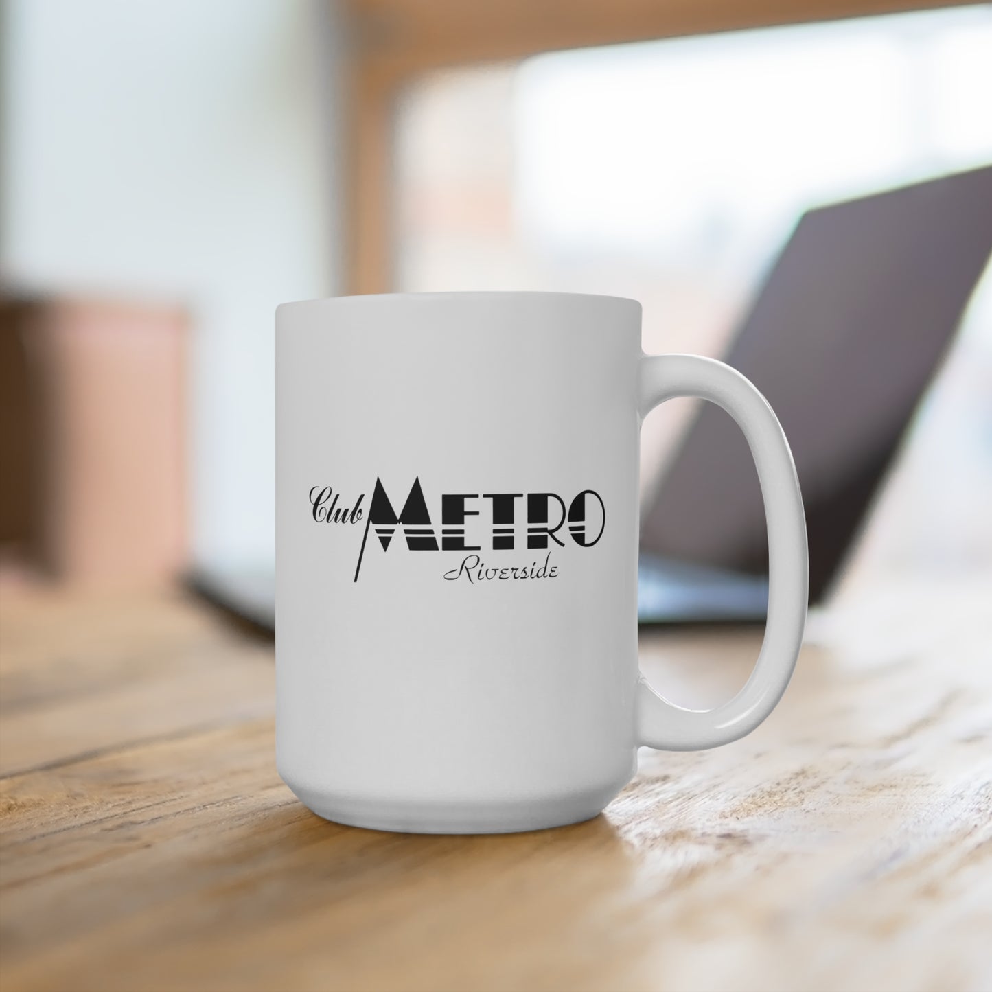 Club Metro Riverside 15oz Ceramic Mug — Retro Black Logo Coffee Cup