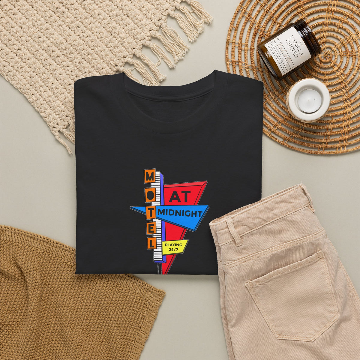 Motel At Midnight Retro Road Sign Graphic T-Shirt