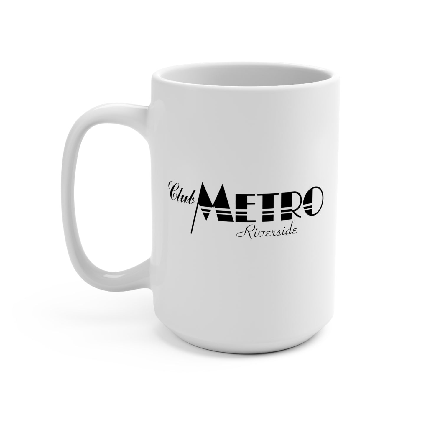 Club Metro Riverside 15oz Ceramic Mug — Retro Black Logo Coffee Cup